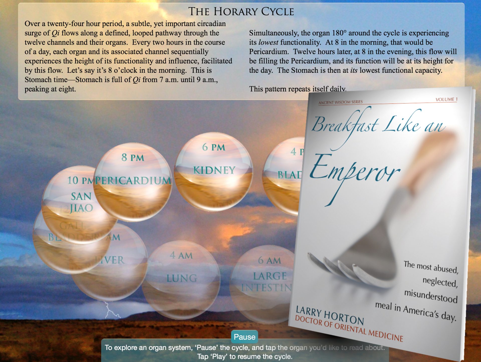 The book cover of Breakfast Like an Emperor is pictured against a background of an image from the Horary Cycle animation, which includes twelve translucent globes representing each of the twelve organs and channels in the body. The globes are circling in a precise order, at regular intervals, on a well-defined orbit.